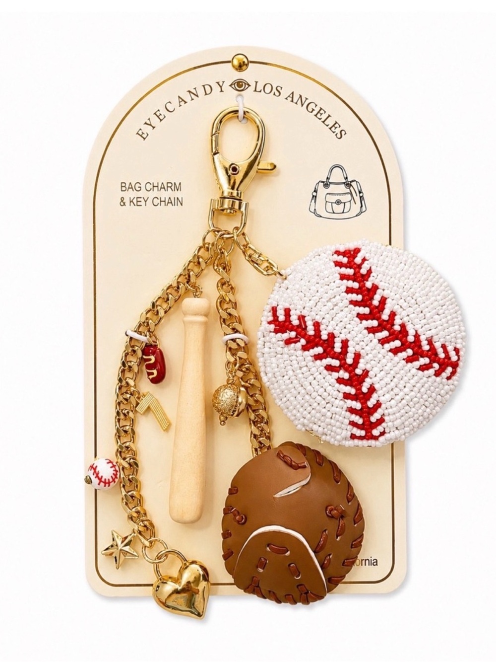 eye candy White & Red Baseball Bag Charm Key Chain